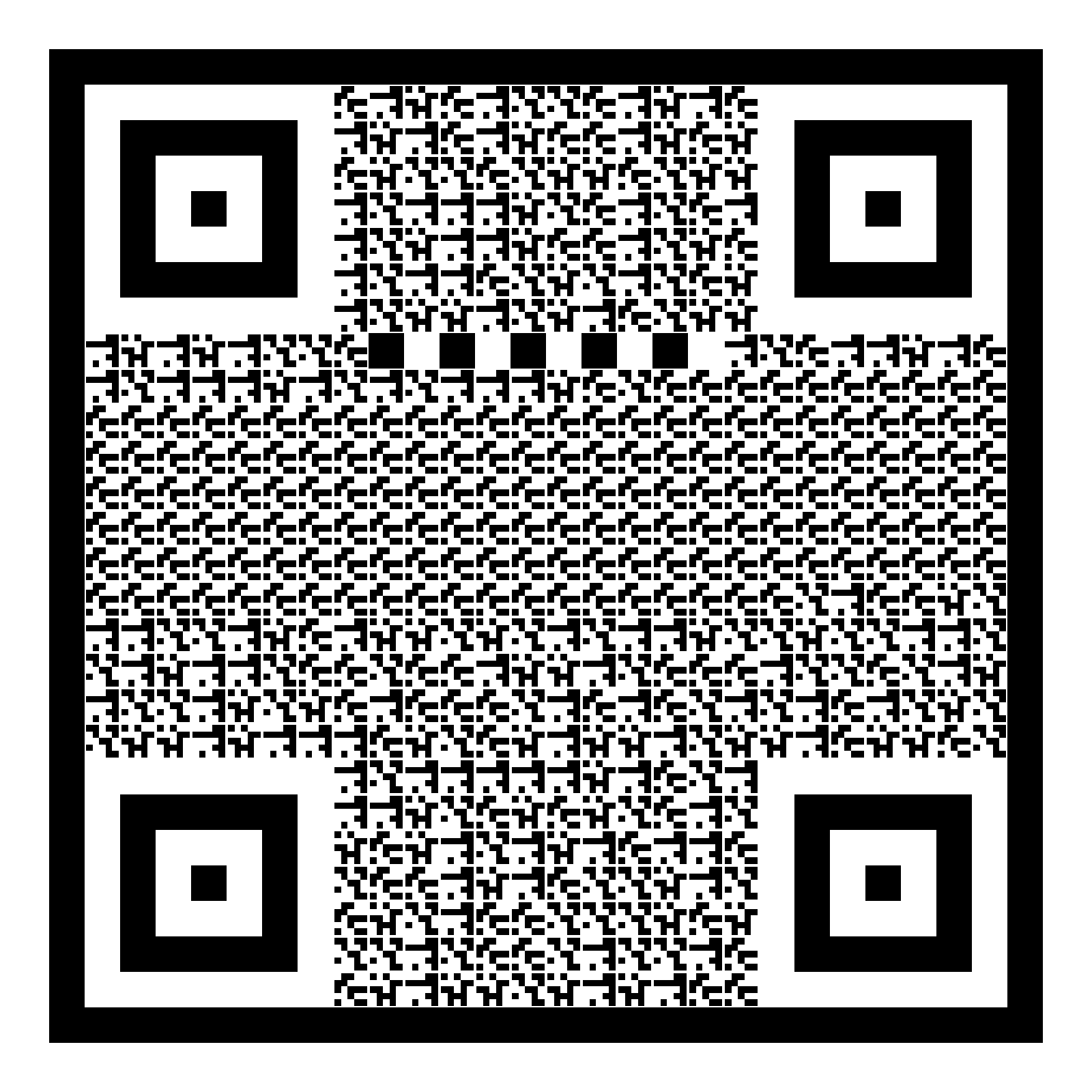 A black-and-white FOSL optical code with four corner markers and a dense central payload